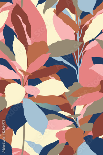 Tropical aesthetic tropical leaves outline shapes, sweet tint pastel retro vintage flat design simple seamless pattern