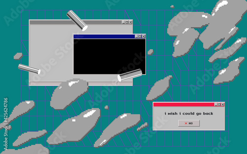 Retro futuristic computer desktop background, technology minimal retro vibe / nostalgia vintage OS style and pixels abstract shapes elements
