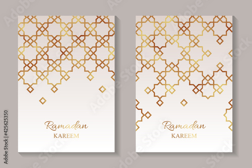 Set of two greeting cards for Ramadan with golden arabic traditional ornament on a beige background.