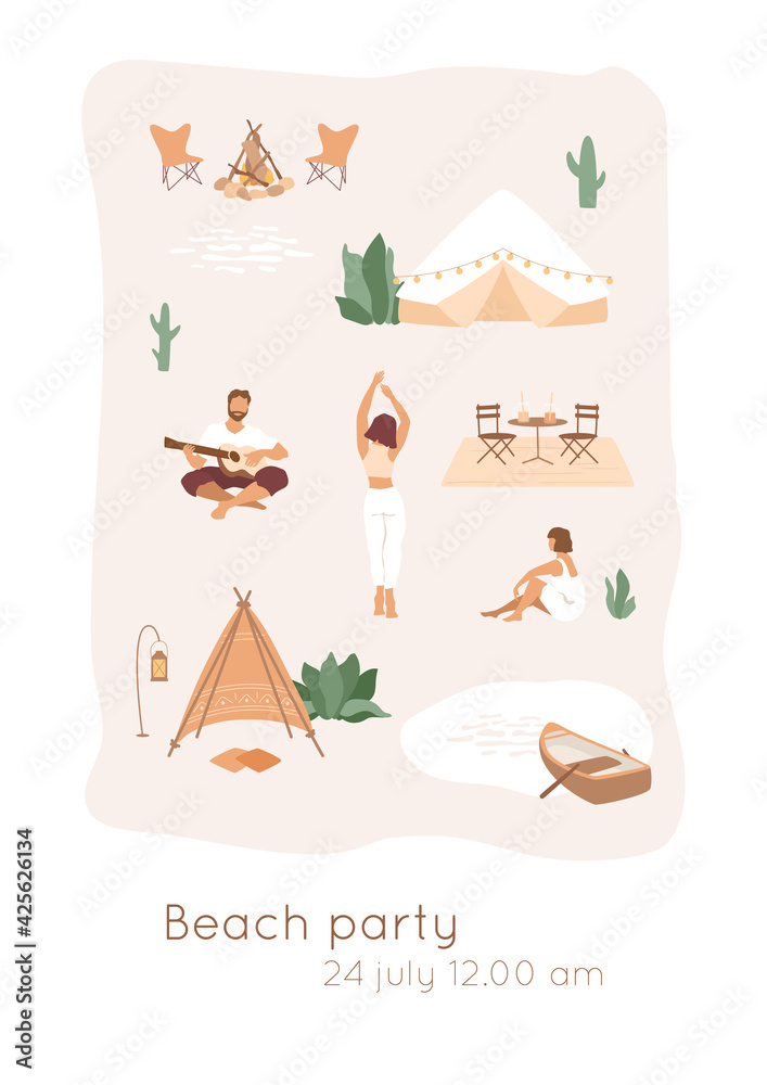 Naklejka premium People relax on seaside, walk, play the guitar, dance. Boho hut, marquee, cafe with lemonade on table, abstract lake with boat, cactus, leaves. Tropical summer illustration, beach party concept.