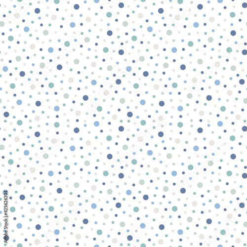 Polka dot seamless vector pattern. Blue, green and beige points, confetti on white background for cute holiday design, kid and fashion textile, fabric, package, scrapbooking, wrapping paper