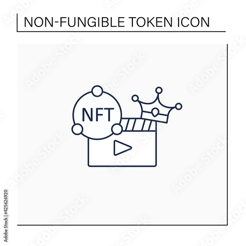 NFT video line icon. Video file format with non fungible token coin.Represent digital files. Used to commodify digital creations. Cryptocurrency concept. Isolated vector illustration.Editable stroke