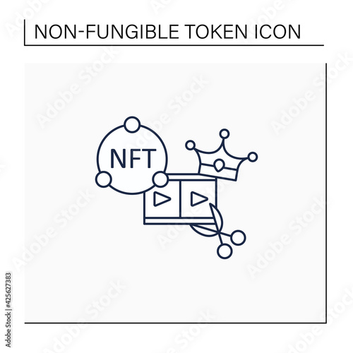 NFT video clips line icon.Clips with non fungible token coin. Selling.Represent digital files. Used to commodify digital creations. Cryptocurrency concept. Isolated vector illustration.Editable stroke