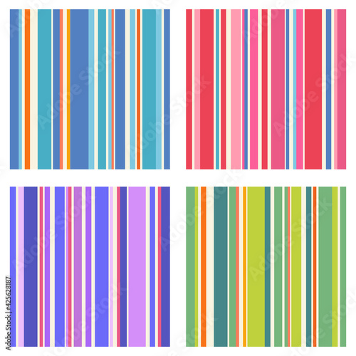 Set of 4 seamless vertical striped patterns. Bright colors for backgrounds, fabric, surface decoration. Vector illustration