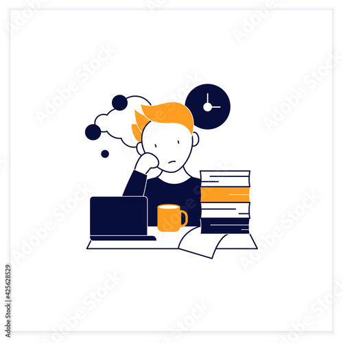 Work procrastinating flat icon.Unnecessarily postpone dealing work-related tasks. Tired person.Overload concept. Vector illustration