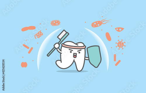 Dental cartoon of a white tooth protecting bacteria with toothbrush illustration cartoon character vector design on blue background. Dental care concept.