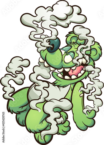 Green teddy bear floating in white smoke