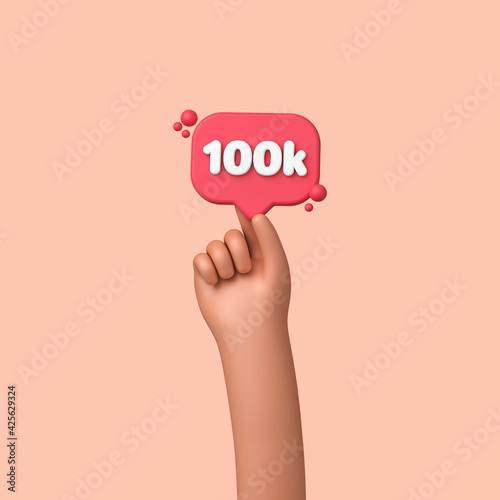 Hand holding a 100k social media followers banner label. 3D Rendering