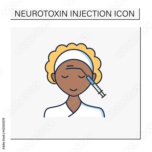 Cosmetic injection color icon.Woman doing injection in forehead.Surgery.Full syringe. Beauty cosmetic procedure concept.Isolated vector illustration