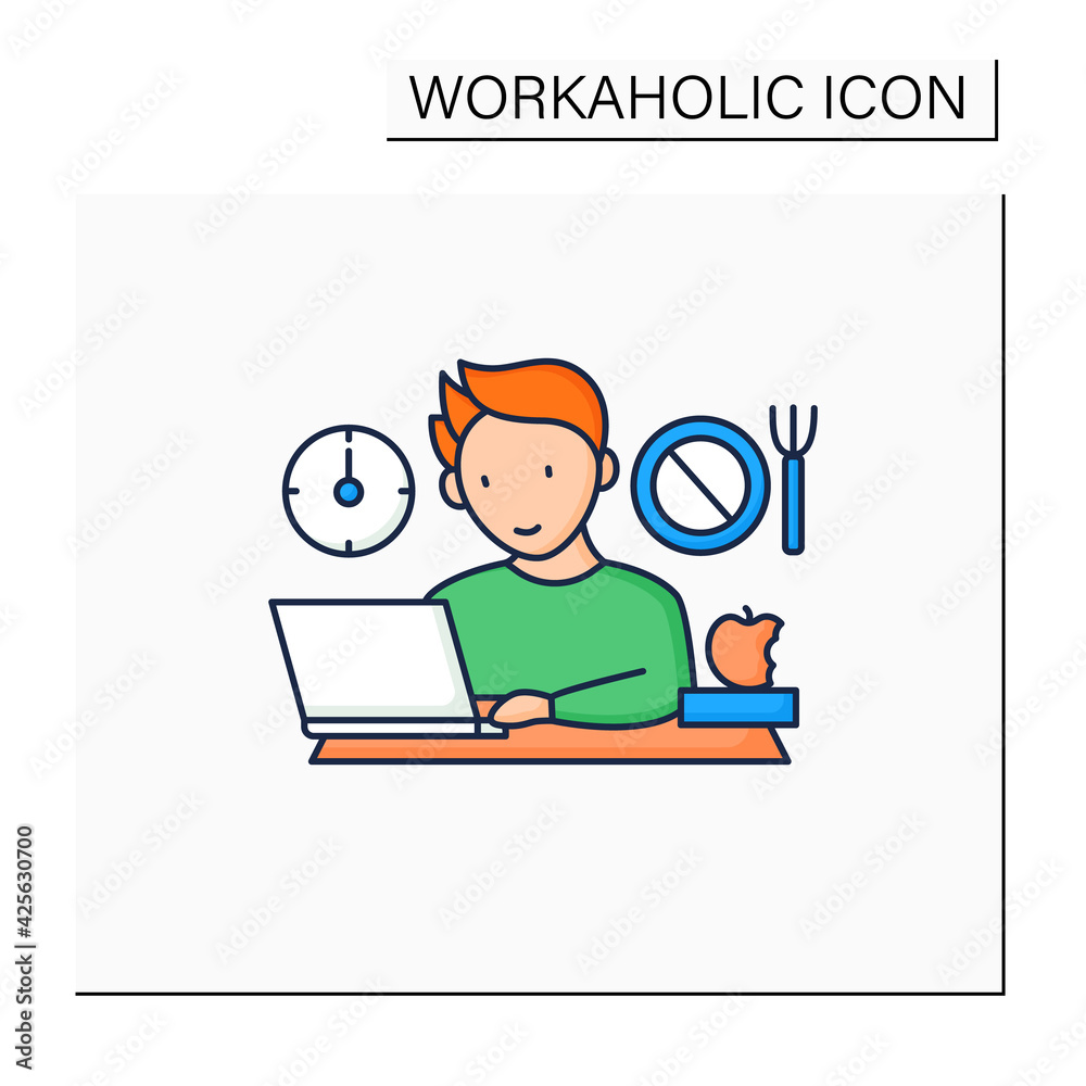 Workaholic color icon.Skip lunch breaks through work. Man at laptop. Hard working.Overworking concept.Isolated vector illustration