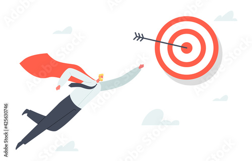 Superhero Businessman Character in Red Cloak, Super Employee with Raising Arm Flying Up to Aim. Business Success