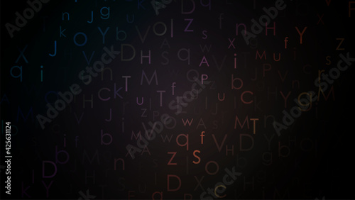 Alphabet colorful dark background. Gradient random floating letters.