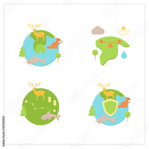 Biodiversity flat icons set. Ecosystem balance,protection, loss. Biodiversity concept. 3d vector illustrations