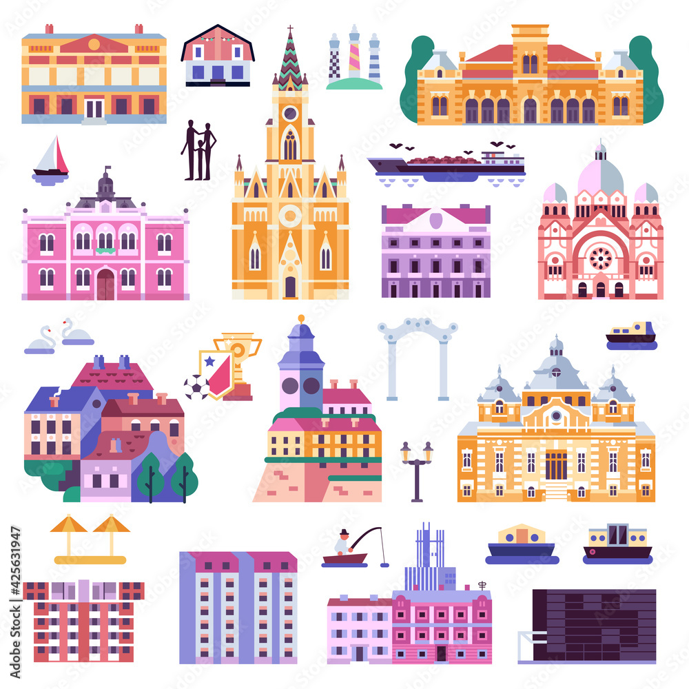 Novi Sad Old Town Icons in Flat
