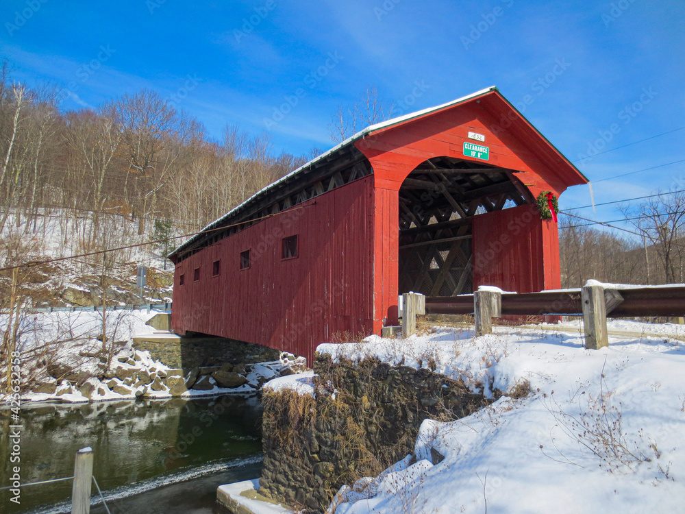 West Arlington Covered Bridge on a beautiful winter day in Vermont