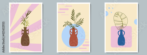 Hand Draw Pottery Single Vase with Tropical Plants and Geometric Shape. Trendy Collage for Decoration