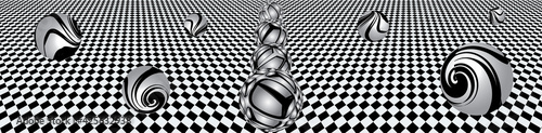 Waves checkered surface. Abstract 3d black and white illusions. Pattern or background with striped spheres