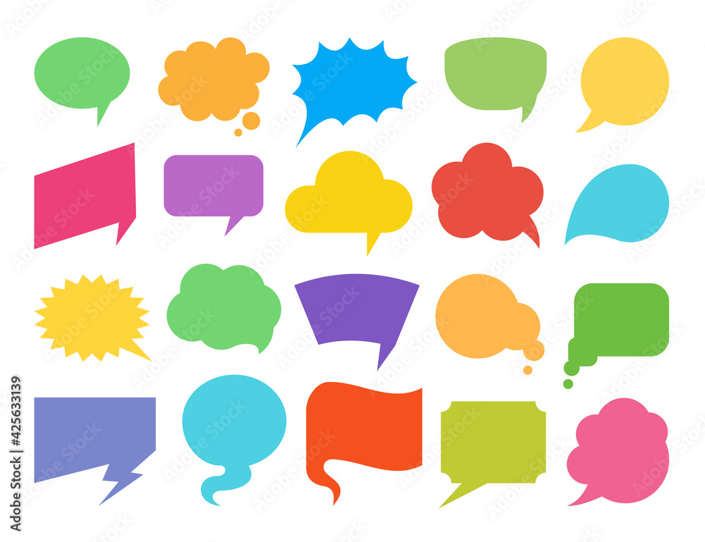Colorful speech bubbles flat icon set. Empty design elements for comic book, text message, chat comment, idea thought, discussion. Speak balloon shapes, talk clouds, cartoon think banner, note label