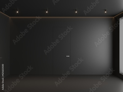 3d render black empty minimal interior with door and light