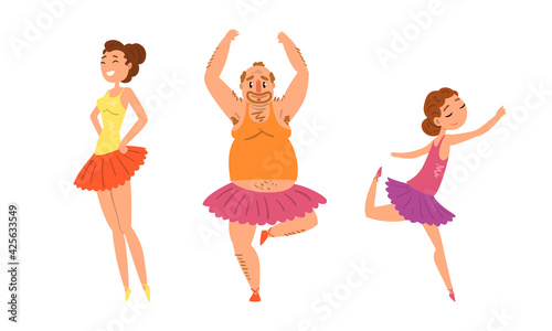 Funny People Dancing Wearing Tutu Dress Set, Parents Dancing with Their Daughter Cartoon Vector Illustration