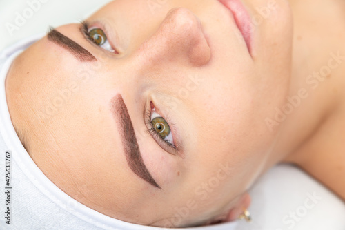 Twarz kobiety świeżo po zabiegu pigmentowania brwi. Makijaż permanentny brwi. Tatuowane brwi trwały makijaż. Salon urody.