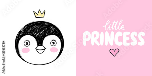 Cute penguin princess with crown isolated on white. Doodle animal face illustration. Vector character. Little princess - handwritten phrase.