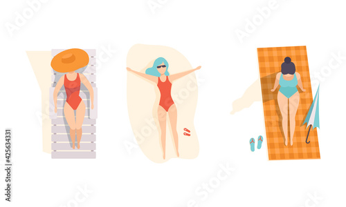 Set of People Sunbathing on the Beach, Top View of Lying Girls in Swimsuits Flat Vector Illustration
