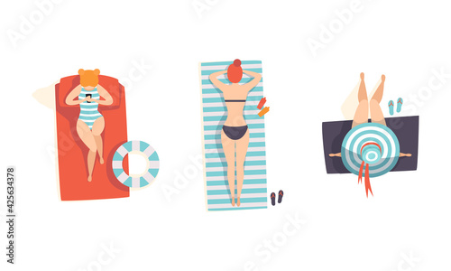 Top View of Lying Girls in Swimsuits Set, People Enjoying of Summer Holidays and Sunbathing on the Beach Flat Vector Illustration