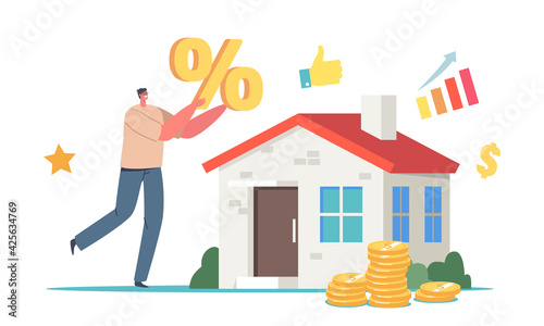 Tiny Male Character Holding Huge Percent Symbol near Real Estate Building with Gold Coins around. Mortgage, Home Value