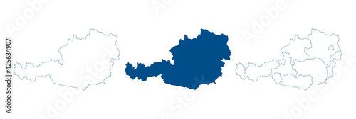 Austria map vector. High detailed vector outline, blue silhouette and administrative divisions map of Austria. All isolated on white background. Template for website, design, cover, infographics