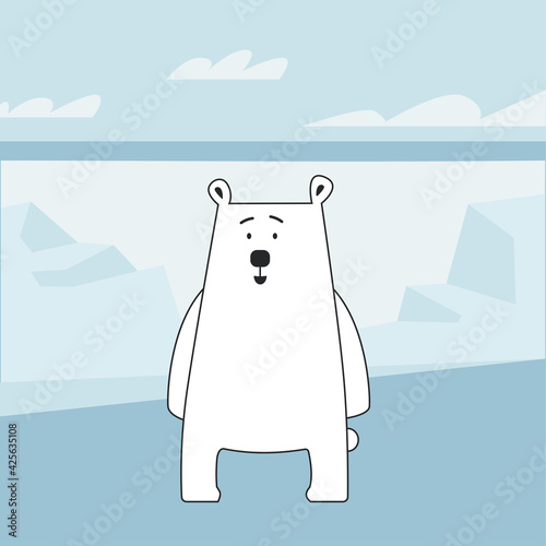 Cute polar cartoon white bear on a snowy background