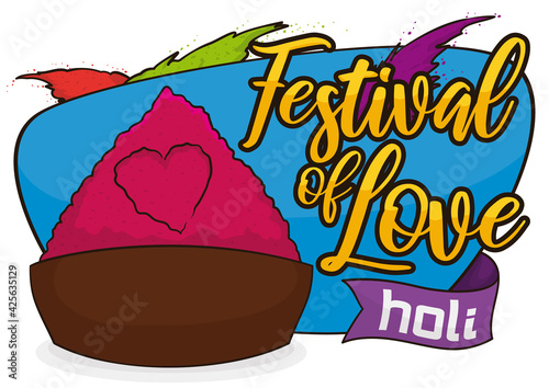 Bowl with Gulal or Colorful Powder with Heart Shaped for Holi, Vector Illustration