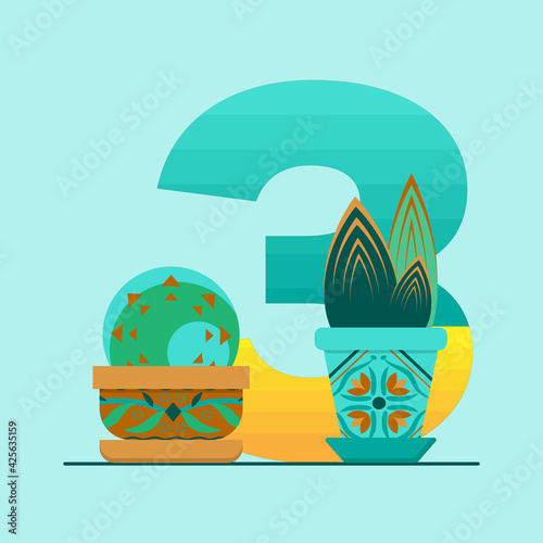 The number three and succulents