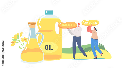 Tiny Characters Carry Huge Capsules with Omega Fats near Glass Jar and Jug with Rapeseed Canola Oil. Fresh Plant Oil