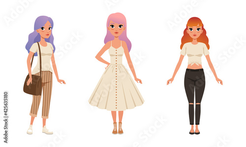 Fashionable Long Haired Girls Wearing Stylish Outfit Set, Beautiful Cheerful Young Women Dressed Trendy Clothes Flat Vector Illustration