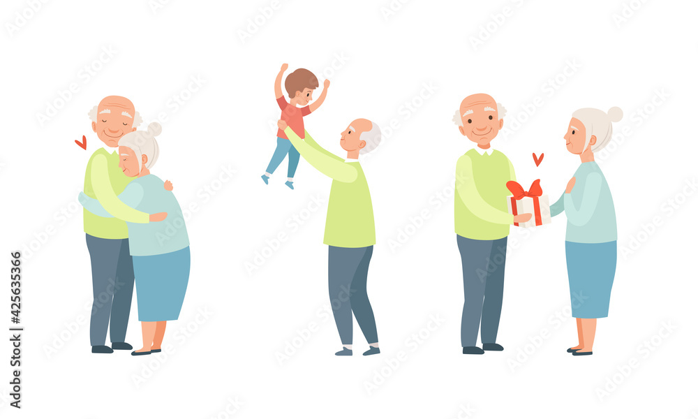 Elderly Loving Couple Set, Happy Grandparents Relationship, Grandpa Having Good Time with his Grandson Cartoon Vector Illustration Elderly Loving Couple Set, Happy Grandparents Relationship, Grandpa Having Good Time with his Grandson Cartoon Vector Illustration