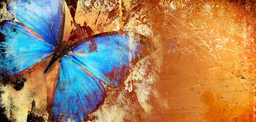 Fototapete Schmetterlinge im Grunge Blauer Schmetterling Vintage Aquarell Kunst  © Freesurf
