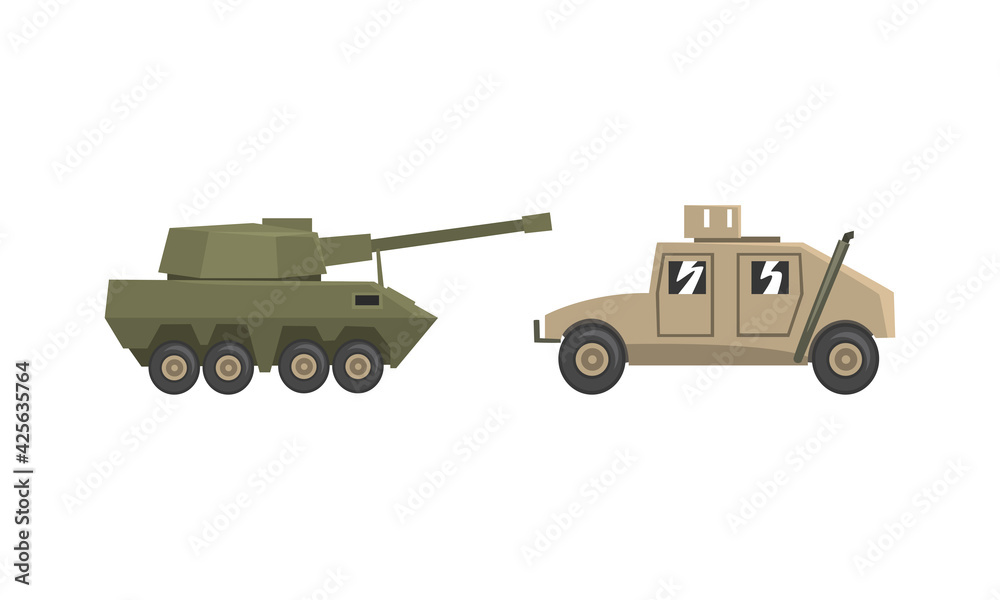 Naklejka premium Armored Army Machines Set, Heavy Special Transport Flat Vector Illustration
