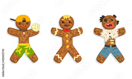 Gingerbread Man Characters Set, Traditional Sweet Xmas Ginger Biscuits Dressed Volleyball Player, Zomby Costumes Cartoon Vector Illustration