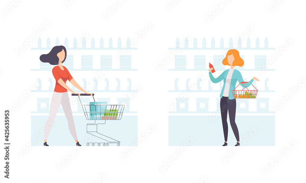 Women Shopping in Supermarket Set, People Buying Products in Grocery Store Flat Vector Illustration