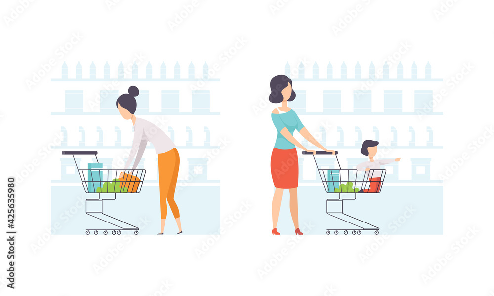 Young Women Shopping in Supermarket Set, Girls with Shopping Trolleys Buying Grocery Products Flat Vector Illustration Young Women Shopping in Supermarket Set, Girls with Shopping Trolleys Buying Grocery Products Flat Vector Illustration