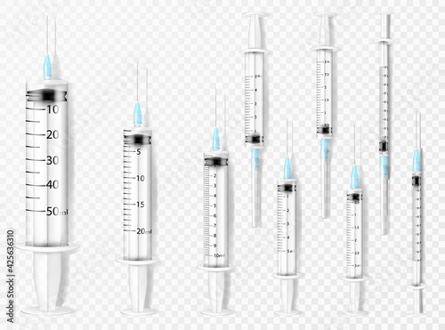 Set of medical plastic syringes of different sizes ,scope and purpose. Syringes for subcutaneous and intramuscular injections with a needle and a cap , realistic 3d vector illustration