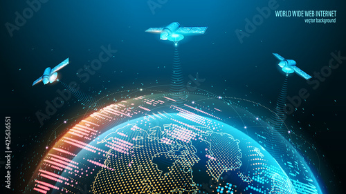 Vector image. World Wide Web. Satellites in orbit transmit a signal to the planet's surface. Technological blue background. Planet Earth and outer space. Contours of continents and abstract lights.
