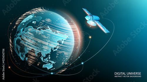 Vector image. World Wide Web. A satellite in orbit transmits a signal to the surface of our planet. Internet. Modern technologies.  Global communications. Blue technological background. Planet Earth.