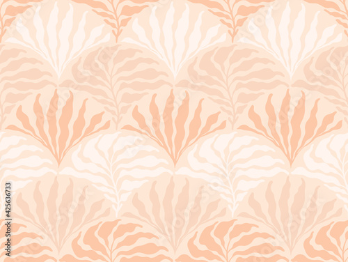 Minimalistic boho seamless pattern with mid-century style leaves in an earthy palette. Modern aesthetic background with trendy leaves for wallpaper, wrapping paper in beige and white colors.