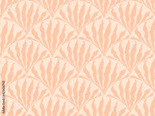 Minimalist boho seamless pattern with leaves in mid century style in an earthy palette. Modern abstract aesthetic background with trendy leaves for wallpaper, wrapping paper and design in beige.