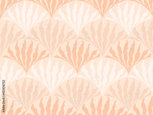 Minimalistic boho seamless pattern with mid-century style leaves in an earthy palette. Modern aesthetic background with trendy leaves for wallpaper, wrapping paper in beige and white colors.