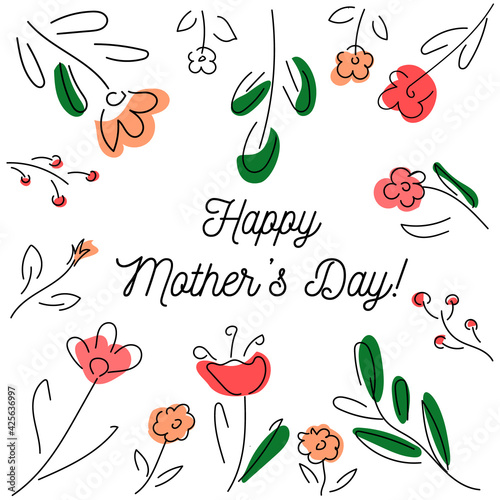 Mother's day postcard with doodle flowers and text. Vector illustration for prints, cards, etc