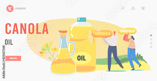 Fresh Plant Oil Landing Page Template. Tiny Characters Carry Huge Omega near Glass Jar and Jug with Rapeseed Canola Oil
