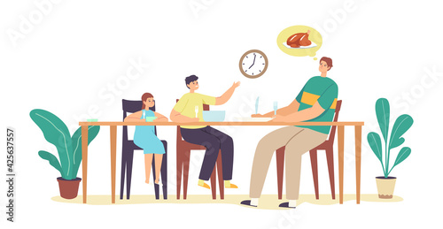 Hungry Family Waiting Dinner. Young Father, Little Daughter and Son Characters Sitting around Table on Kitchen with Fork